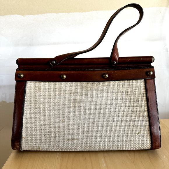 Vintage John Romain The Vouge Handbag 70s Sturdy Leather Tweed Brown Cream - Picture 2 of 7